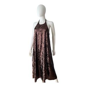 NWT Zara Brown Sequin Halter Maxi Dress size XS